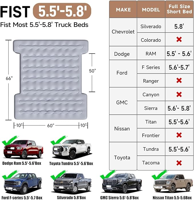 5.5-5.8ft Built-in Pump Short Truck Air Mattress Bed Umbrauto 3.0 Auto Inflate