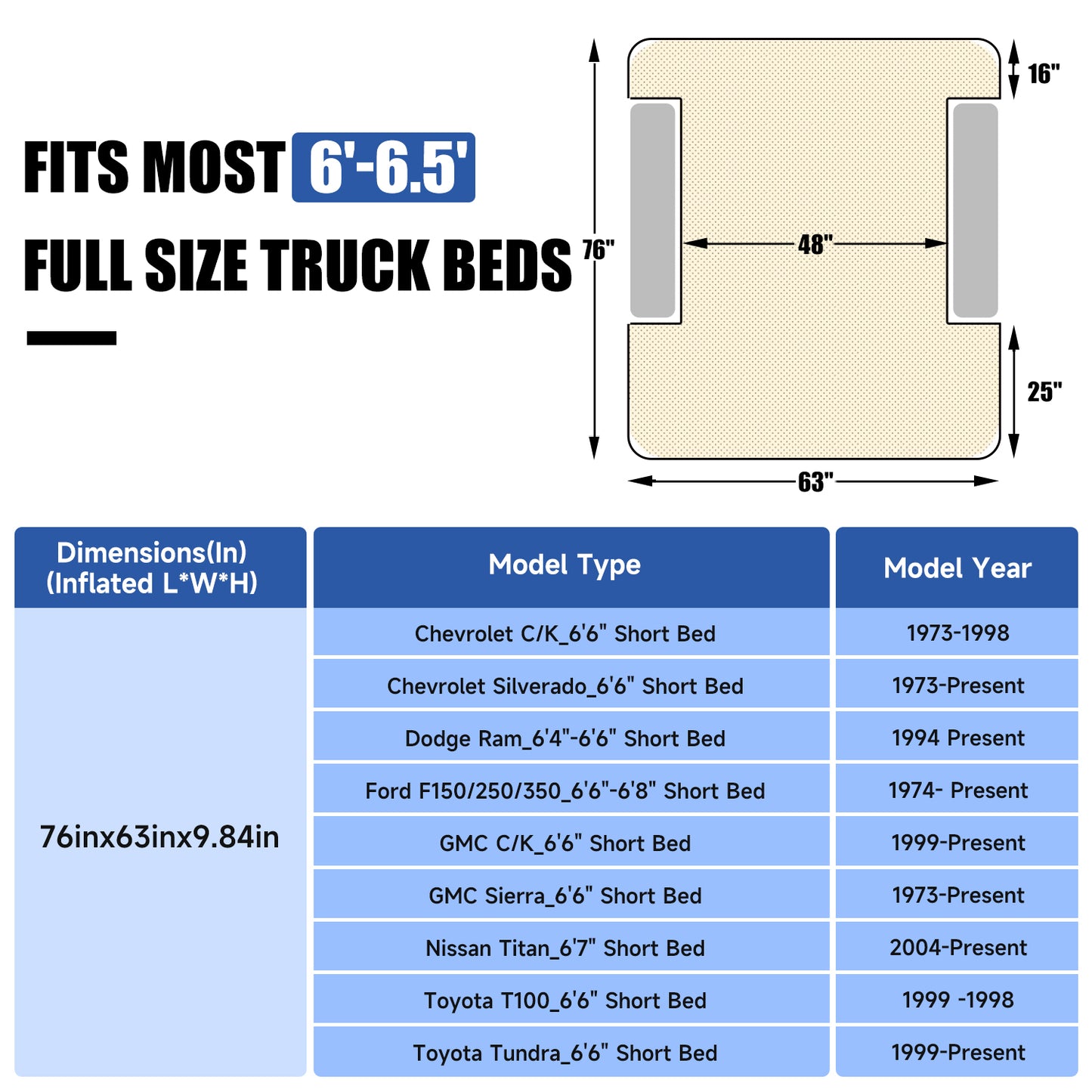 Full Size 6-6.5FT Truck Air Mattress Bed Umbrauto